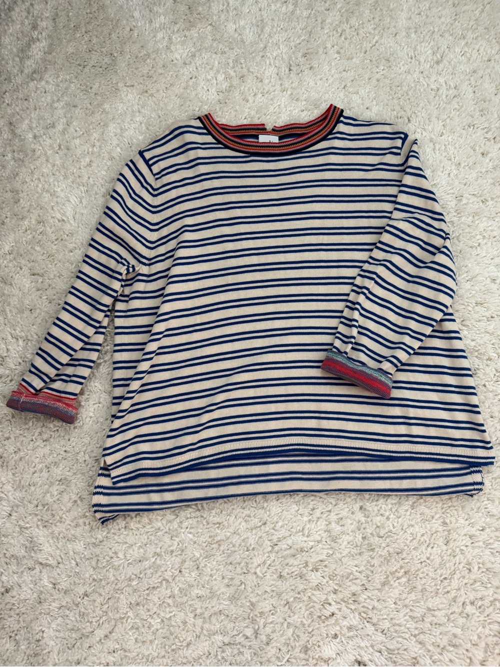 CAbi Striped Crewneck Sweater - Navy, Cream & Red Trim